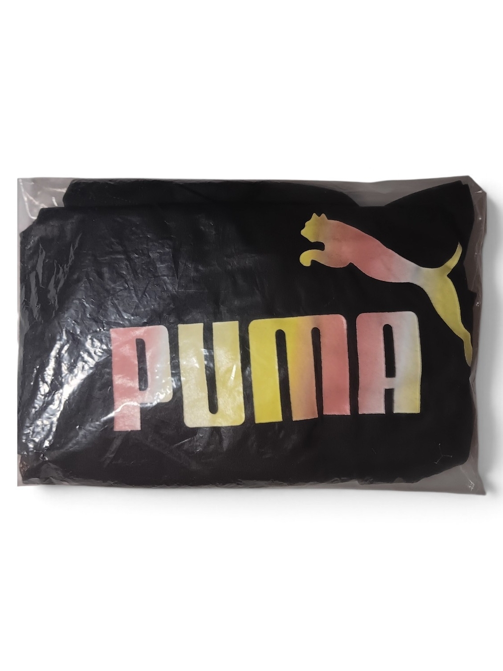 New Puma Womrn Black Top with Pink-to-Yellow Ombre Logo